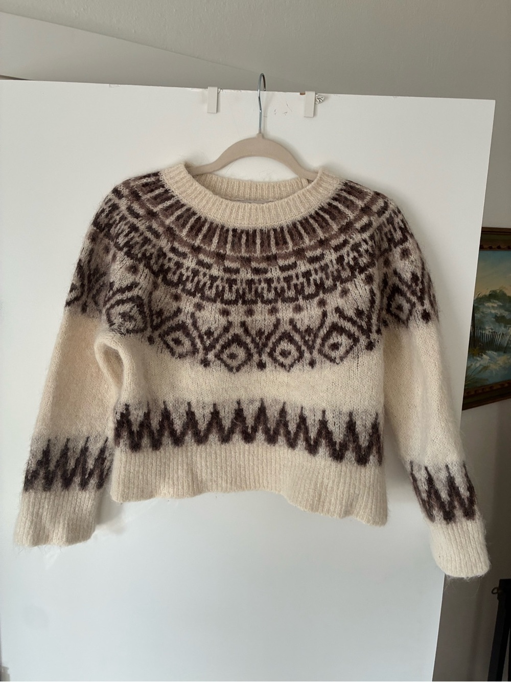 Madewell Ivory and Brown Fair Isle Crewneck Sweater